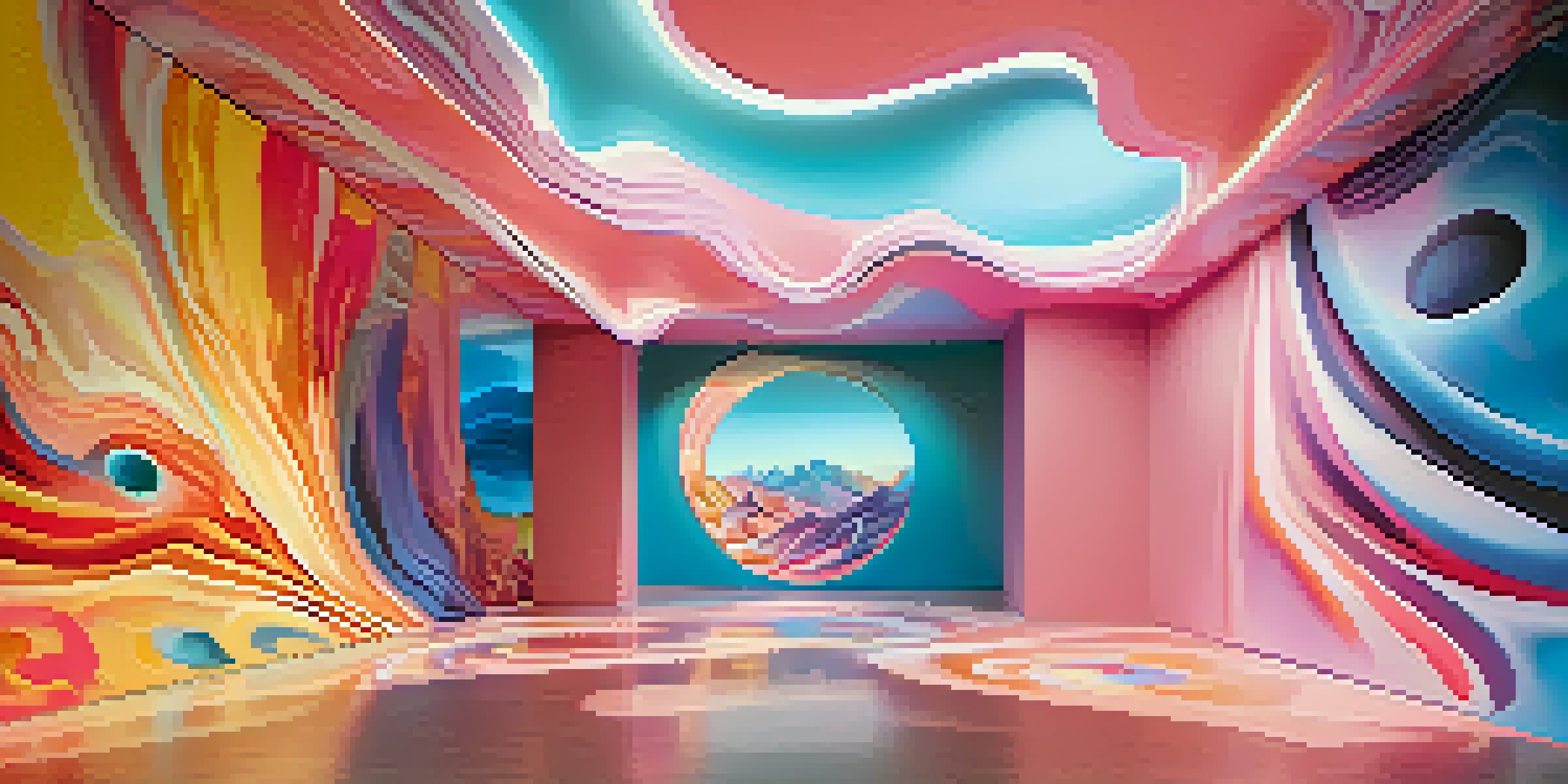 A colorful virtual reality art installation with swirling landscapes and floating geometric shapes, illuminated by soft lighting.