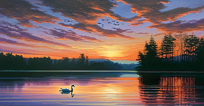 A tranquil sunset over a calm lake with vibrant colors reflecting on the water, silhouetted trees in the foreground, and a swan gliding across the lake.