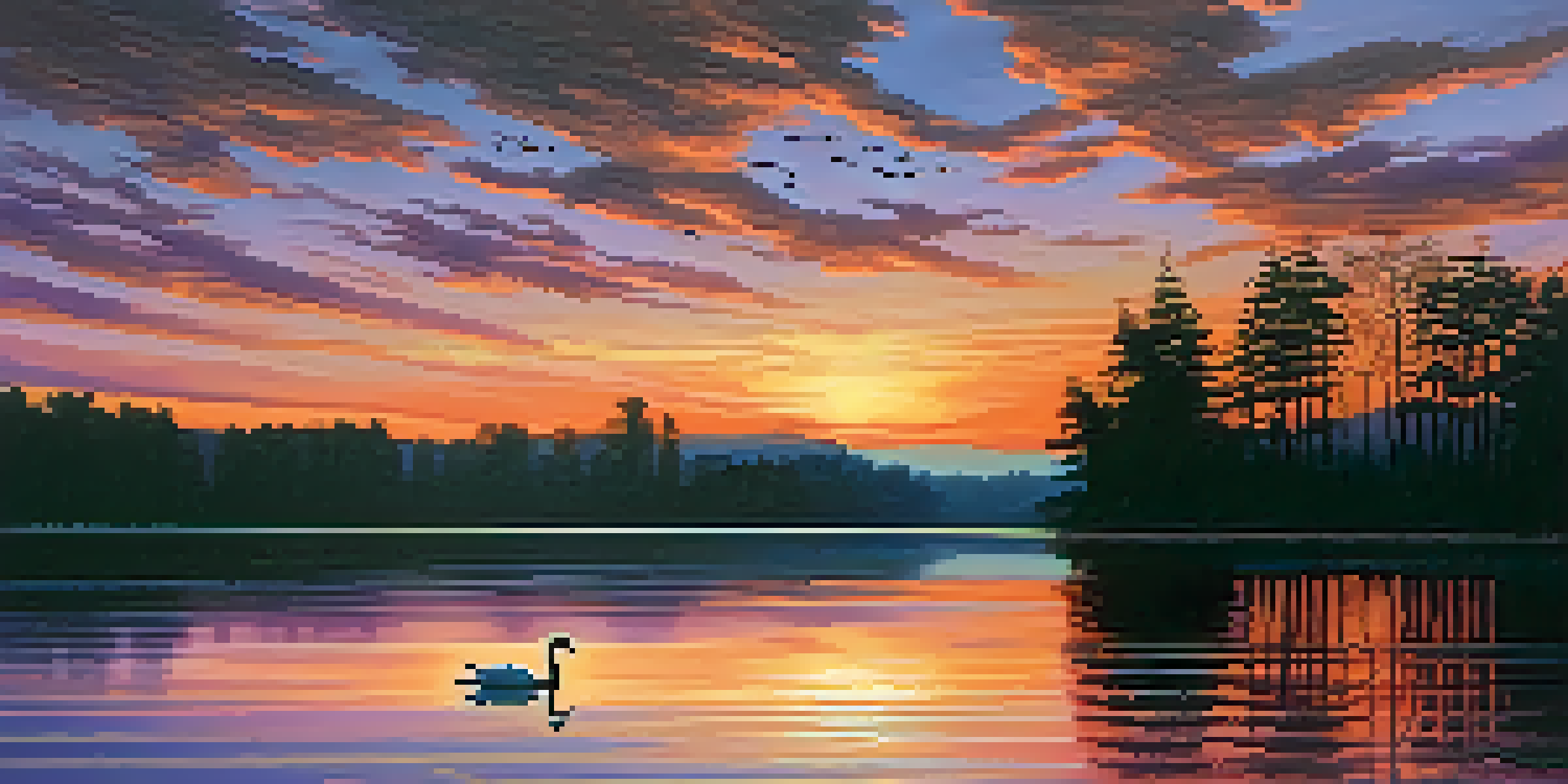 A tranquil sunset over a calm lake with vibrant colors reflecting on the water, silhouetted trees in the foreground, and a swan gliding across the lake.