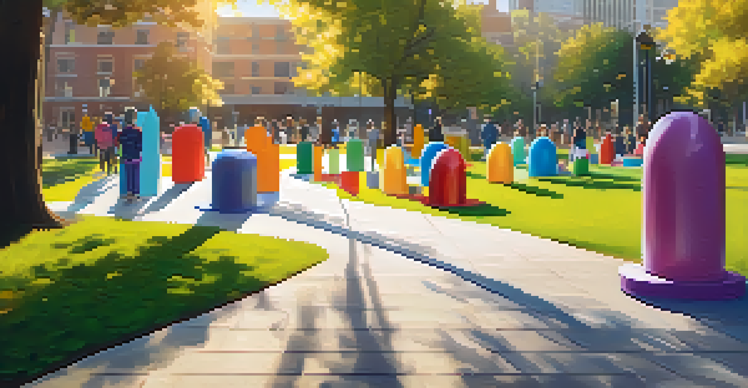 A public park showcasing an interactive art installation with colorful sculptures made from recycled materials, with families exploring the area.