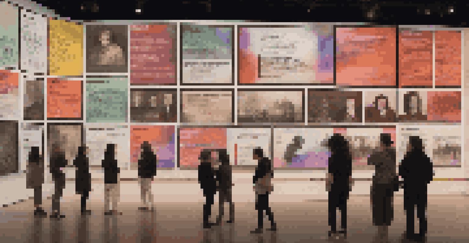 A digital art installation featuring a timeline of political protests with interactive screens and vibrant colors in a dimly lit room.