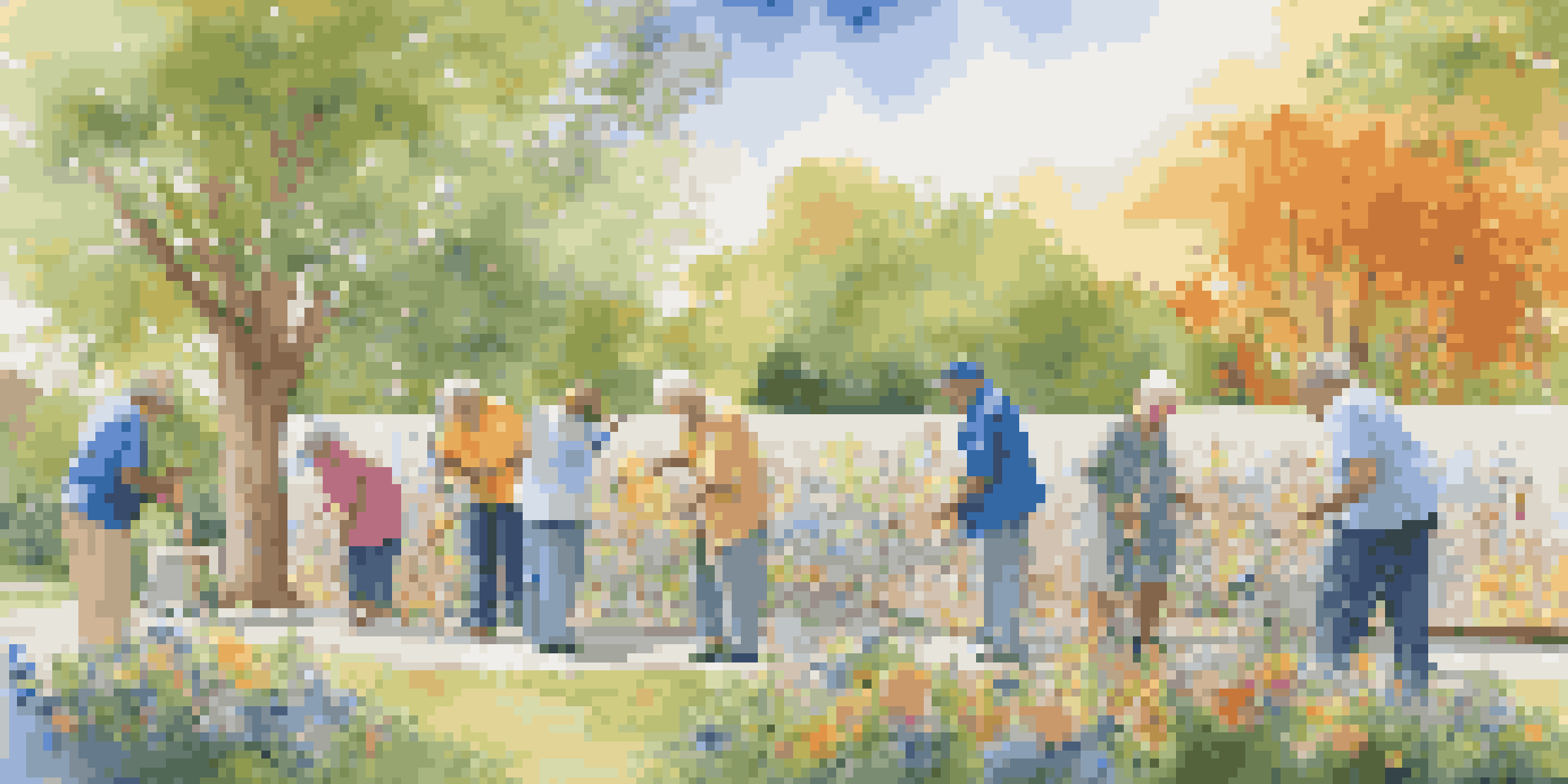 A group of seniors joyfully painting a colorful mural together in an outdoor park setting, surrounded by nature.
