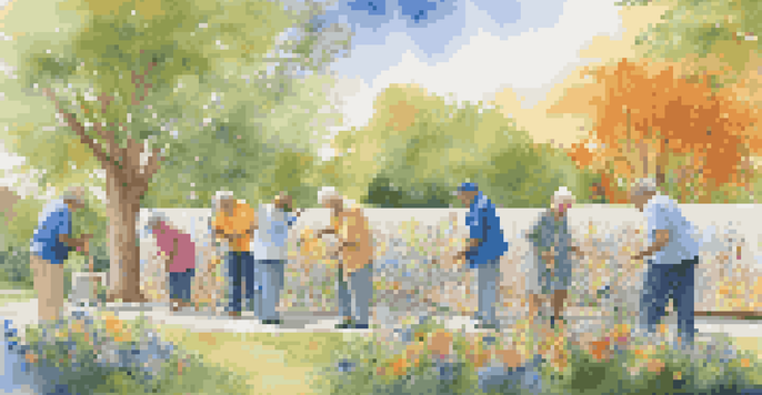 A group of seniors joyfully painting a colorful mural together in an outdoor park setting, surrounded by nature.