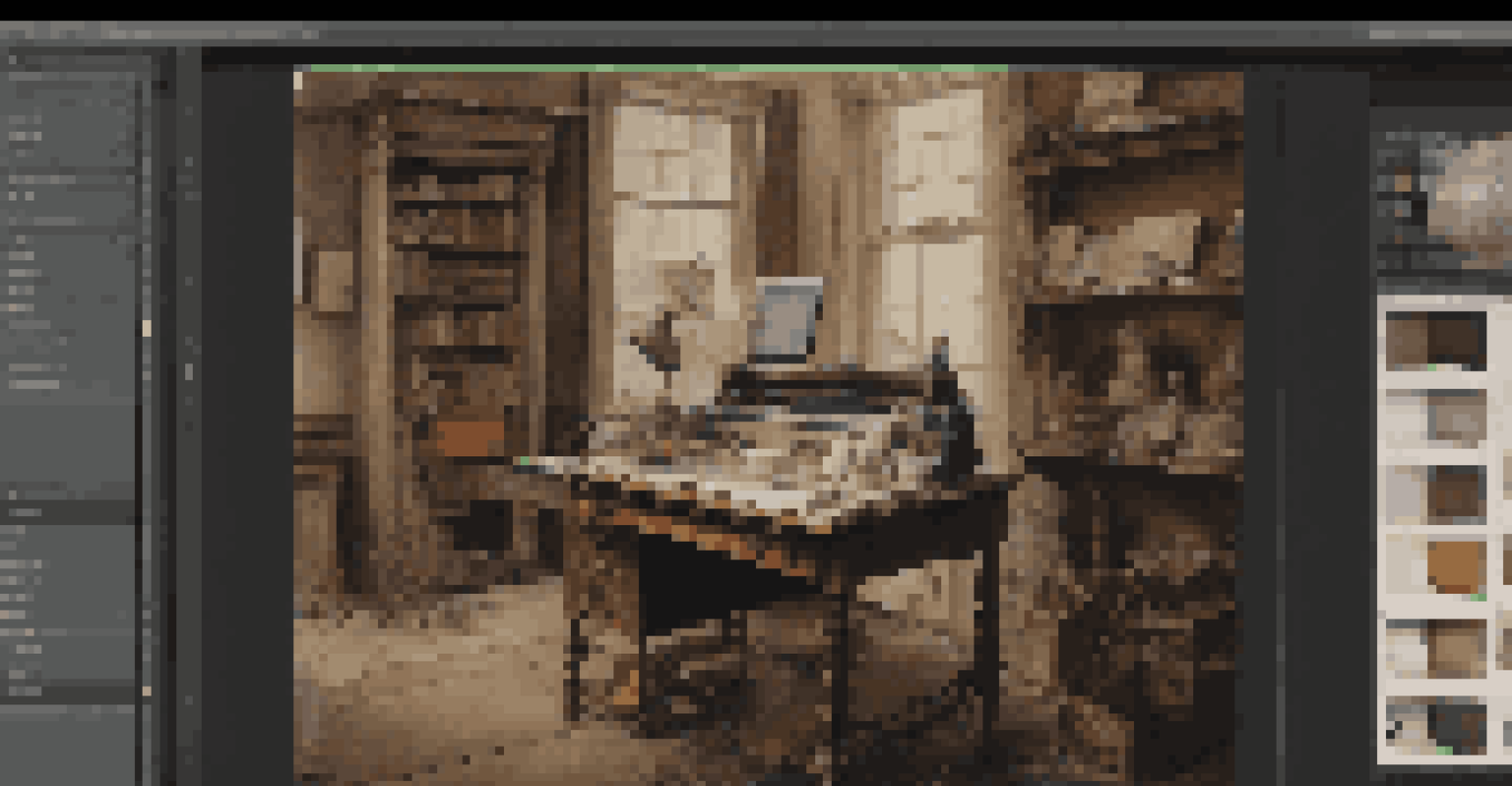 A close-up of a vintage painting being restored on a computer screen with art tools around.