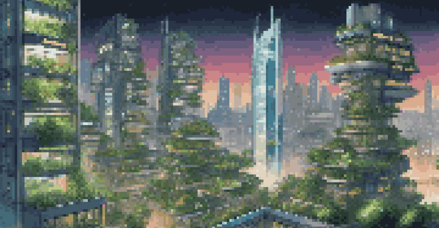 A modern cityscape at night, showcasing high-rise buildings with digital art and greenery, illuminated by glowing lights.