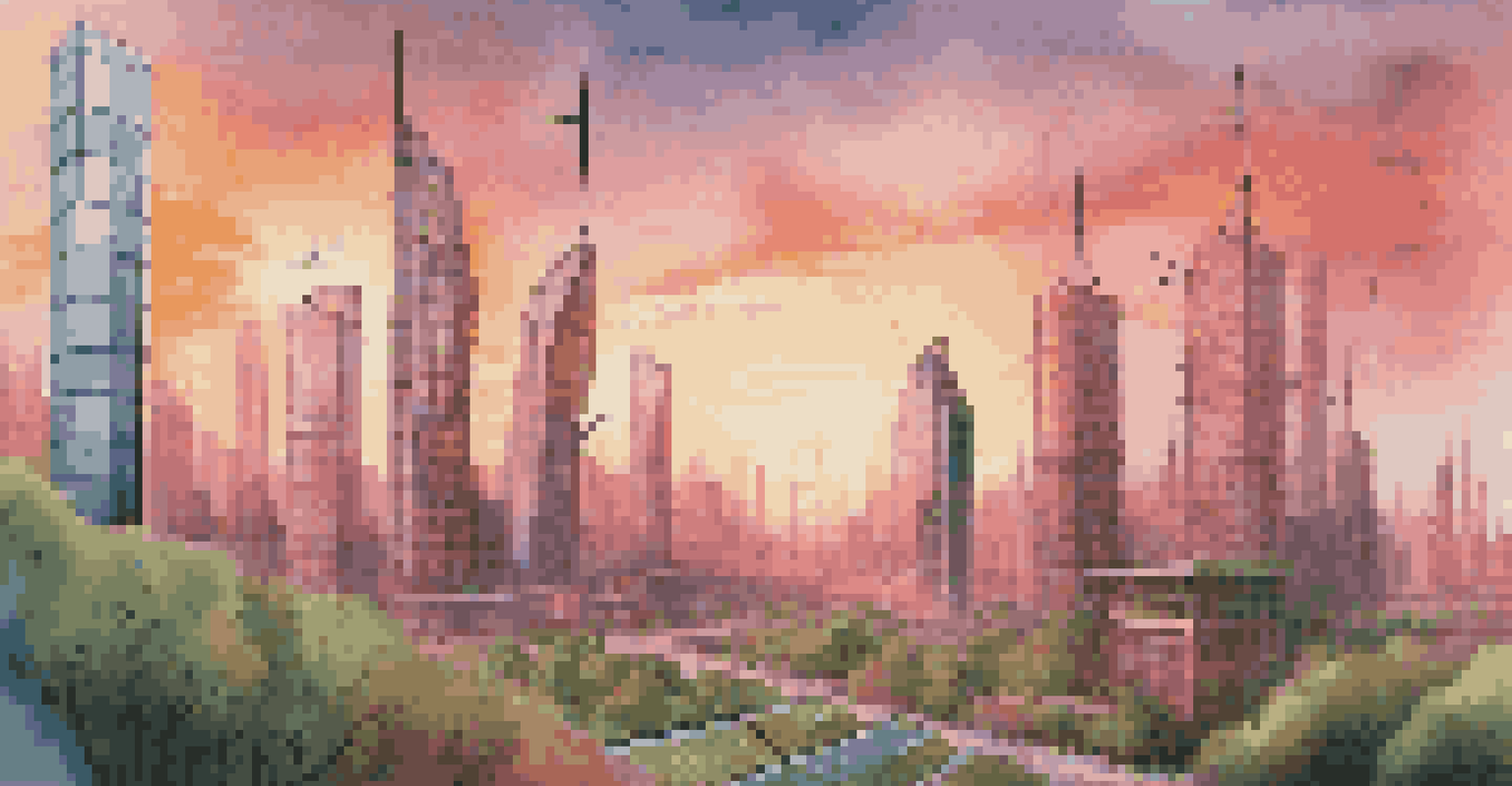 A futuristic cityscape with skyscrapers integrated with greenery and renewable energy sources, set against a colorful sunset sky.