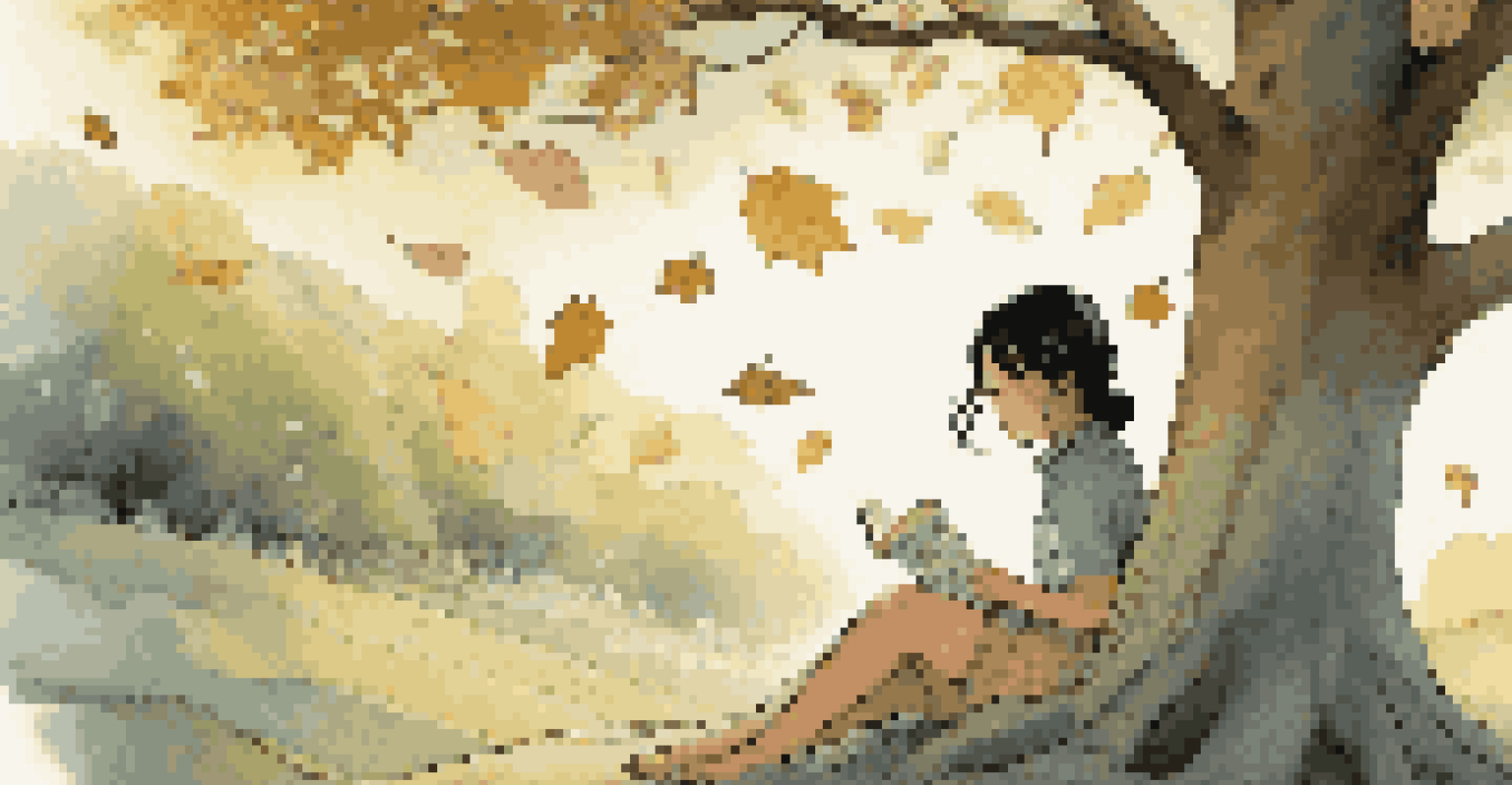 A young Asian girl reading an open graphic novel under a tree, with swirling images of her dreams and aspirations around her.