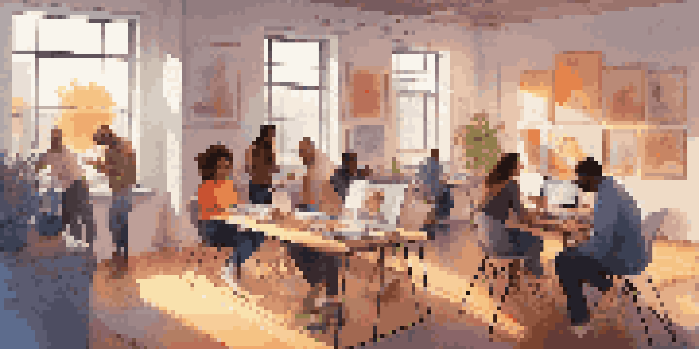 A group of diverse individuals working together in a creative studio, surrounded by colorful artworks and bright computer screens.