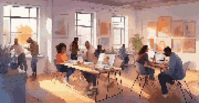 A group of diverse individuals working together in a creative studio, surrounded by colorful artworks and bright computer screens.