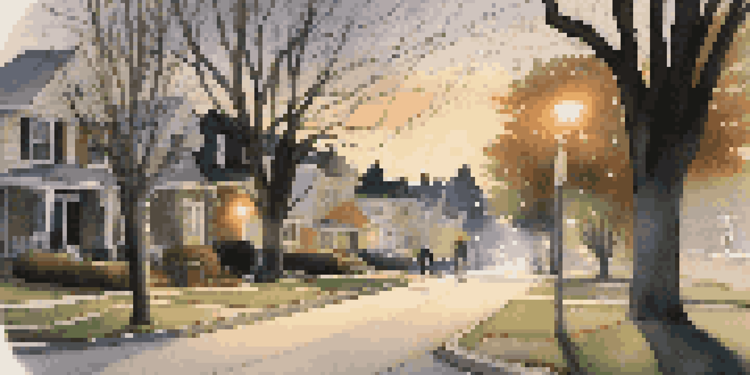 A ghostly figure in white walks along a suburban street at twilight, illuminated by street lights.