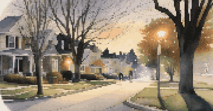 A ghostly figure in white walks along a suburban street at twilight, illuminated by street lights.