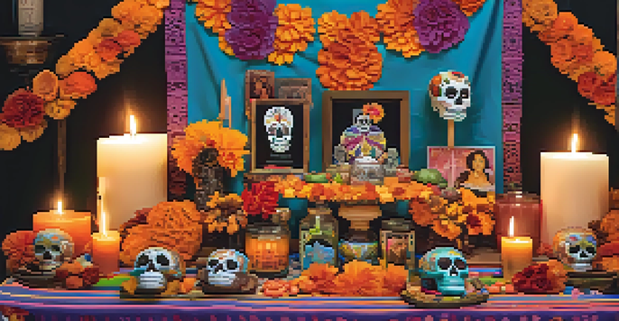 A colorful Dia de Los Muertos altar displaying sugar skulls, papel picado, and candles, honoring deceased loved ones.