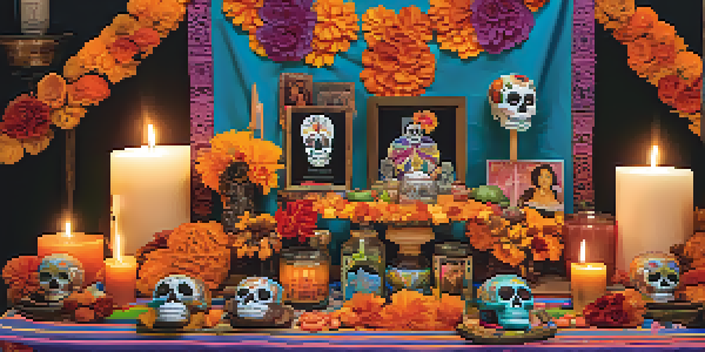 A colorful Dia de Los Muertos altar displaying sugar skulls, papel picado, and candles, honoring deceased loved ones.