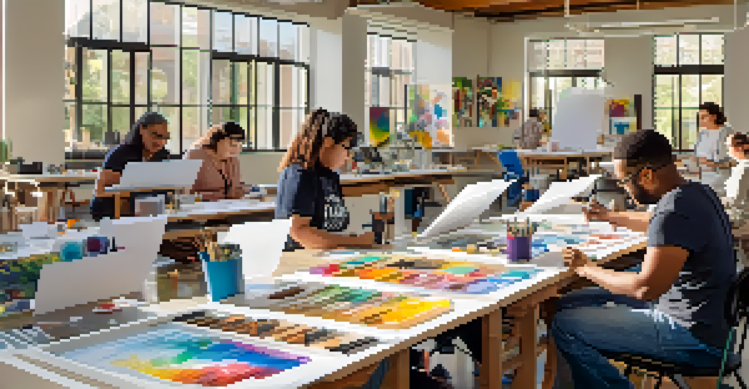 An accessible art workshop with diverse artists using adaptive tools and collaborating on their projects.