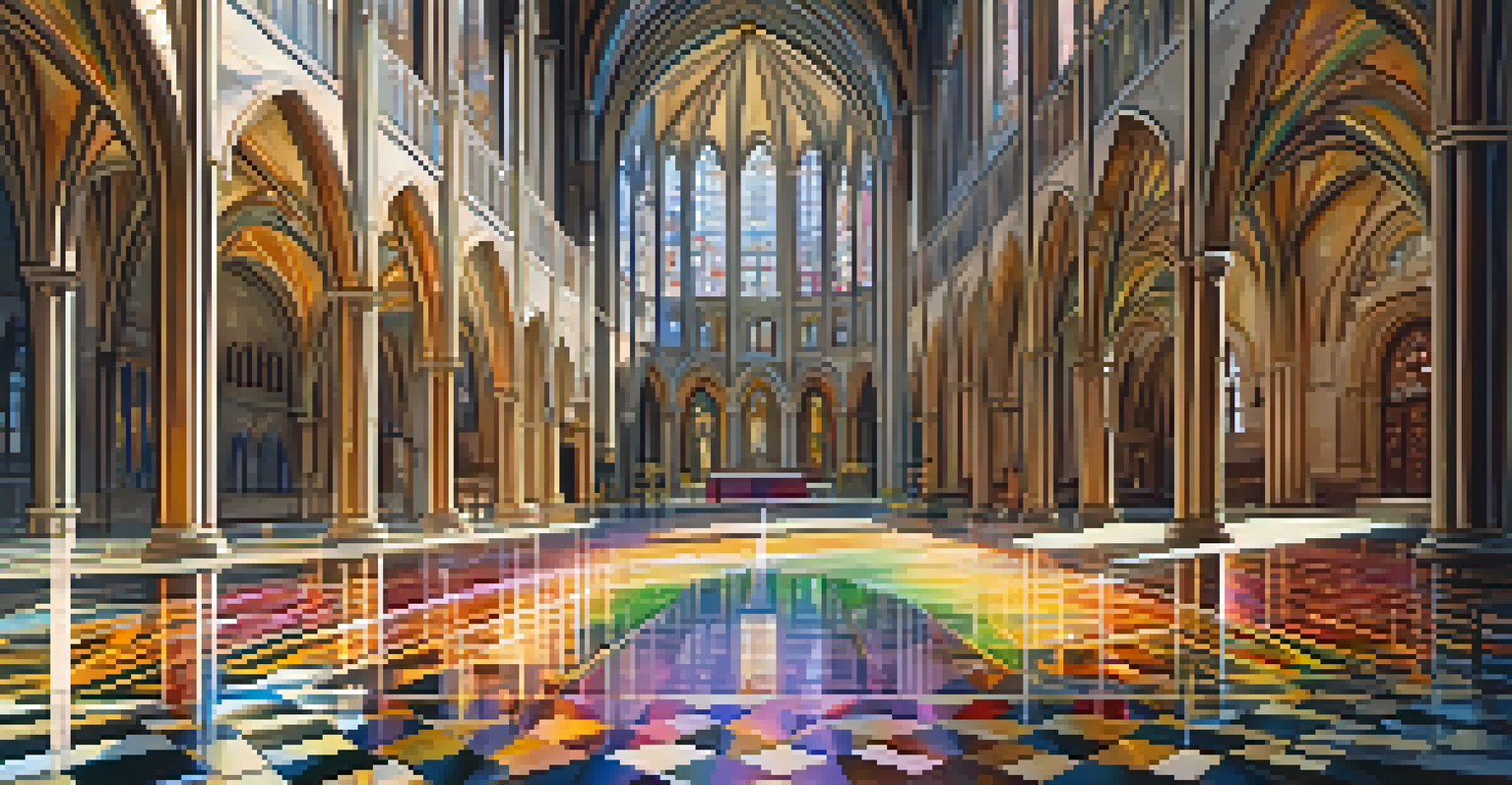The interior of a grand cathedral, illuminated by sunlight filtering through stained glass windows, creating colorful patterns on the floor.