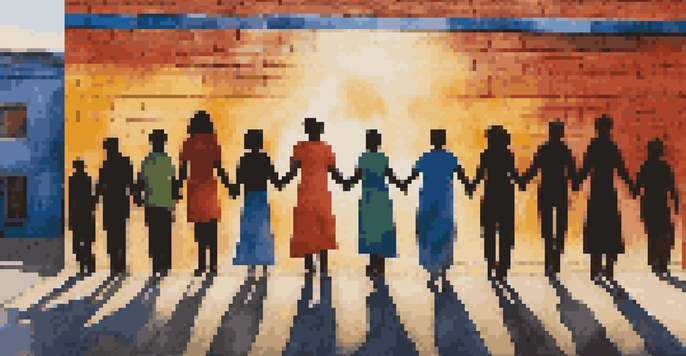 A colorful street mural showing diverse people holding hands to symbolize unity, with sunlight creating shadows.