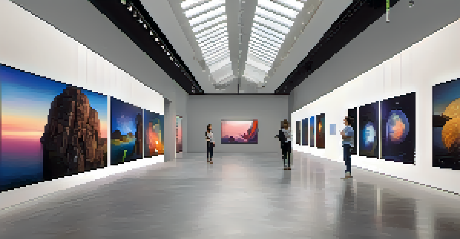 A virtual art gallery with digital artworks displayed on modern walls, illuminated by soft lighting and visitors interacting with the pieces.