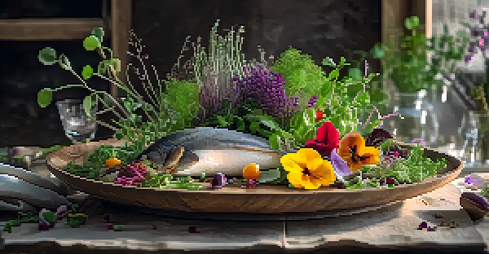 A beautifully arranged plate of colorful seasonal ingredients with edible flowers on a rustic wooden table, illuminated by warm lighting.
