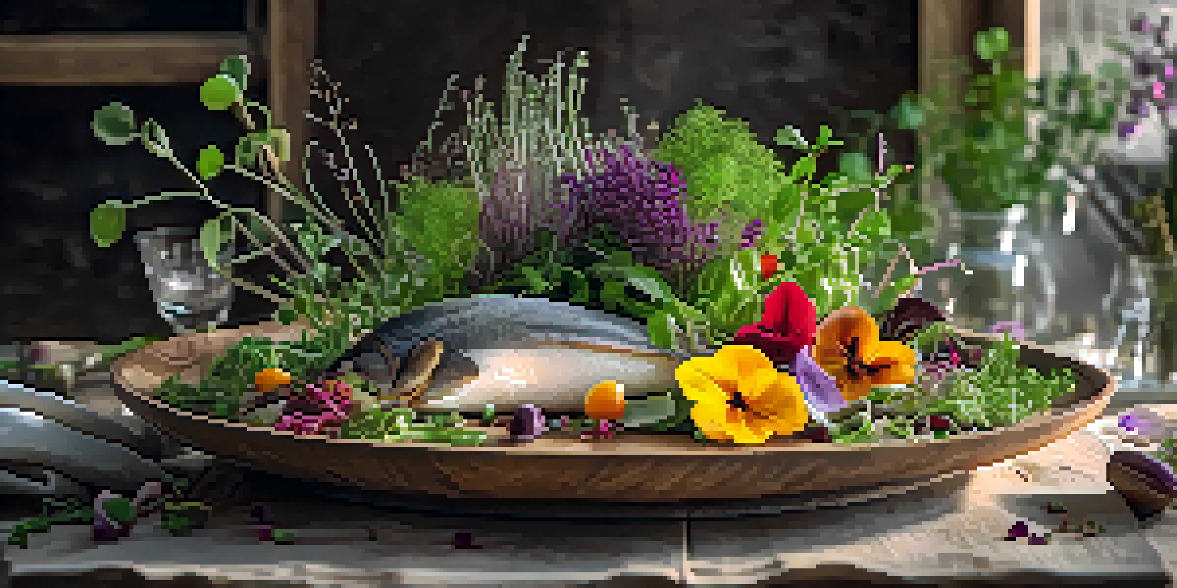 A beautifully arranged plate of colorful seasonal ingredients with edible flowers on a rustic wooden table, illuminated by warm lighting.