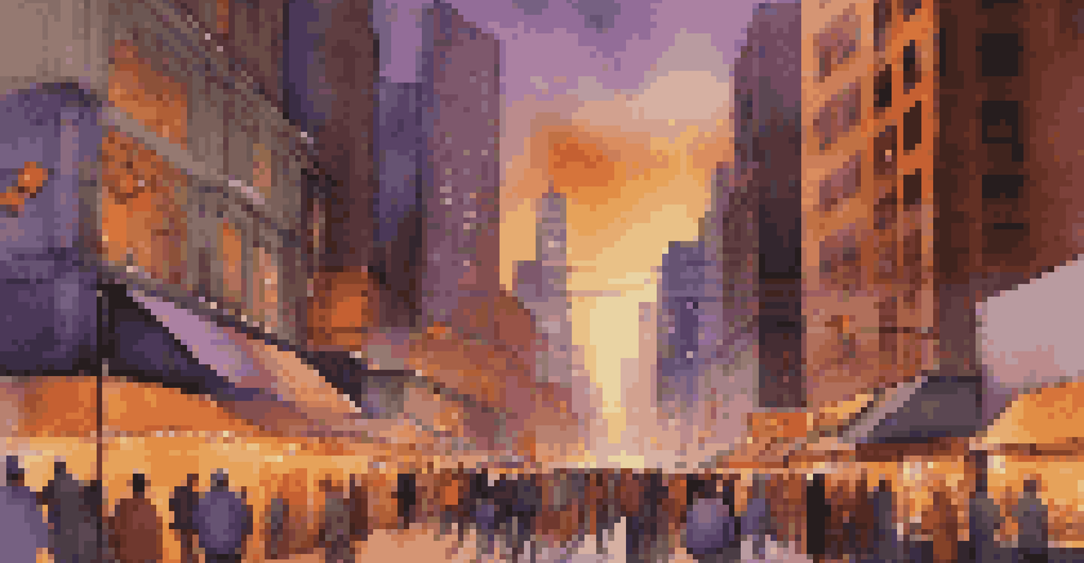 A vibrant urban scene at sunset with bustling streets, colorful city lights, and a backdrop of skyscrapers.