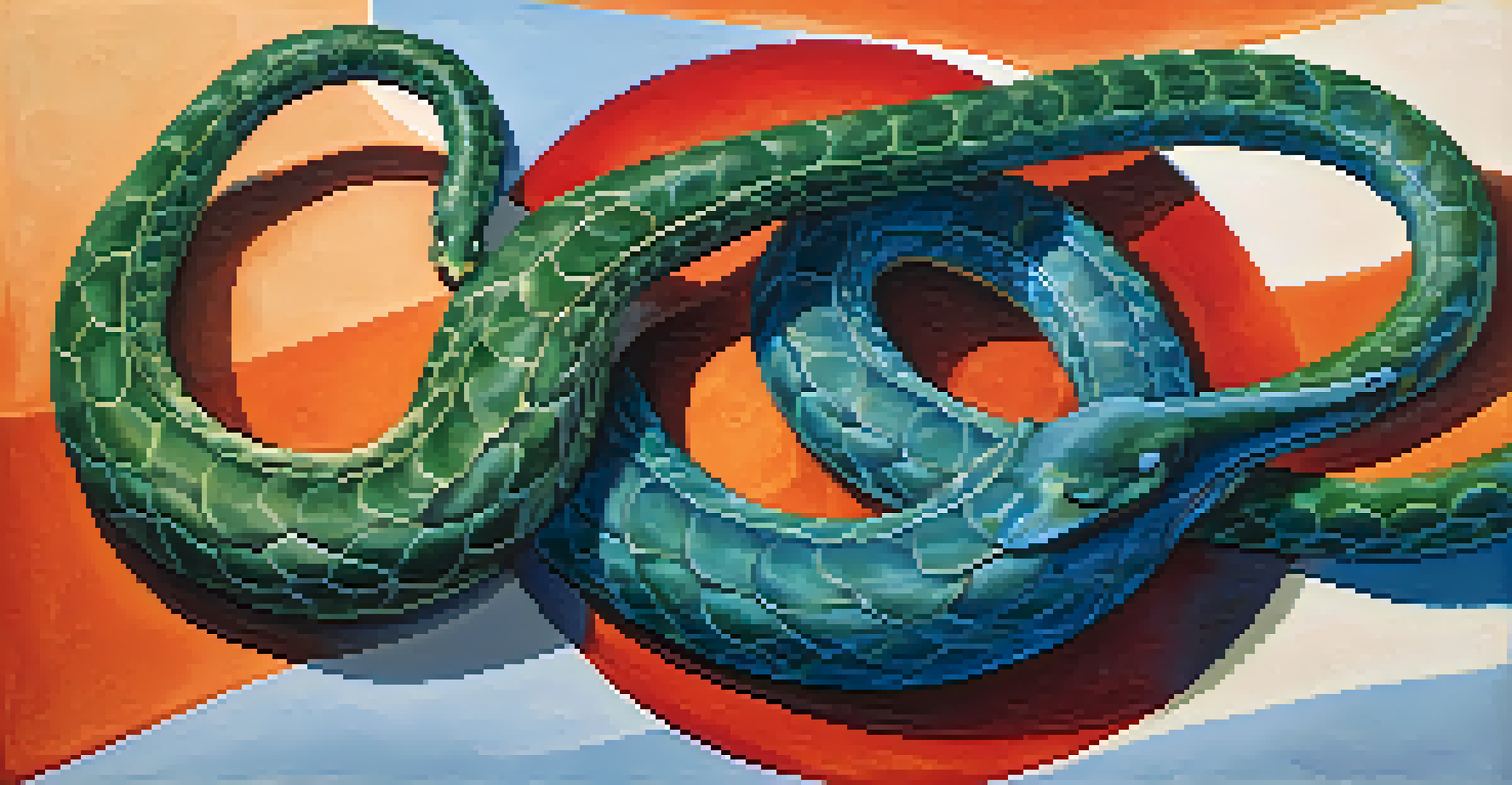 Two intertwined serpents in a circular formation, one in cool colors, one in warm colors, set against a textured gradient background.