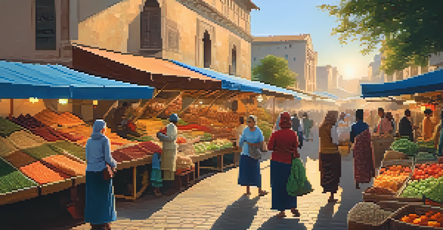 A lively traditional market with colorful stalls and people interacting under the warm glow of sunset.