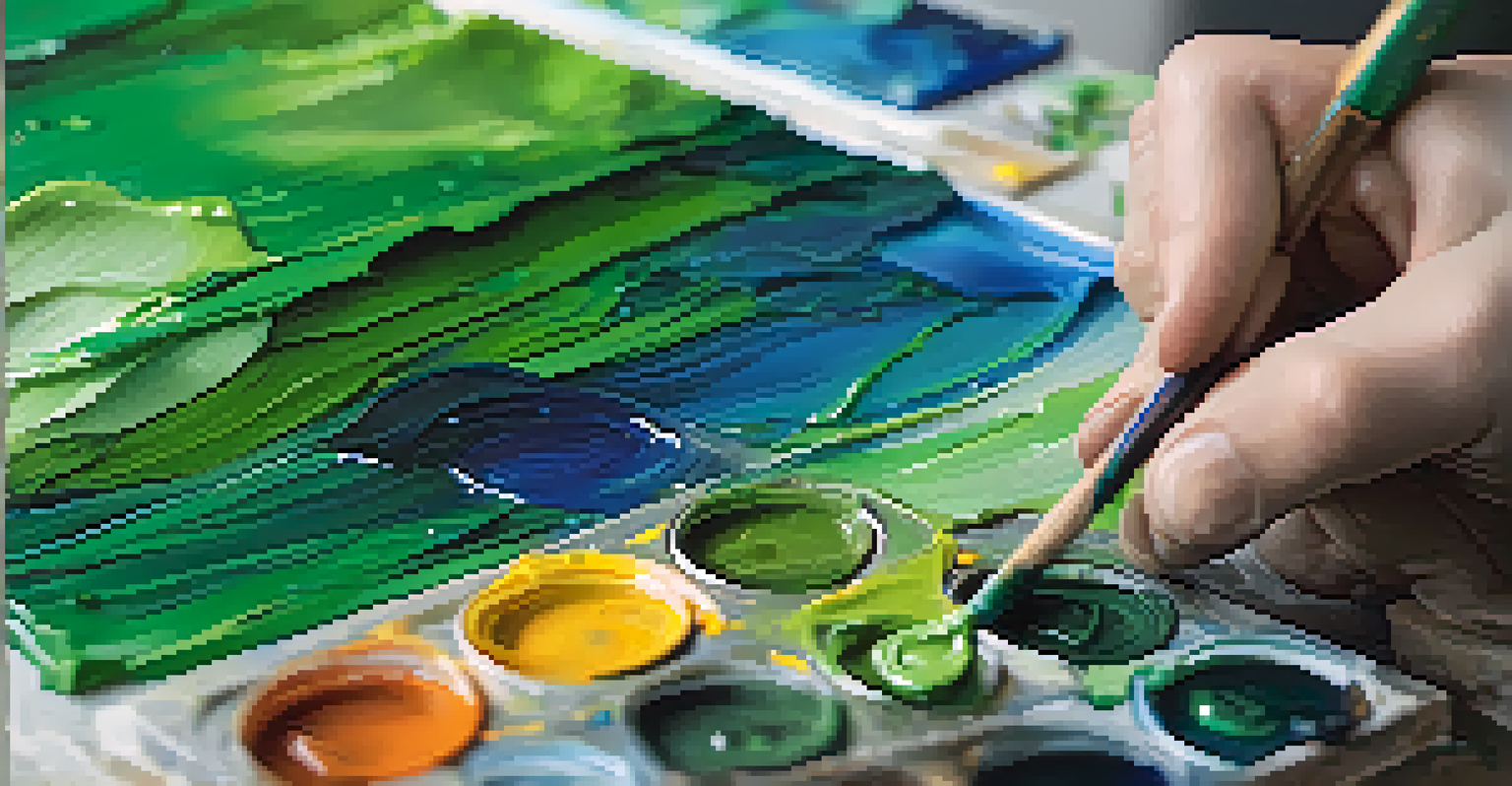 An artist's hands working on a canvas with vibrant environmental themes, surrounded by paint splatters.