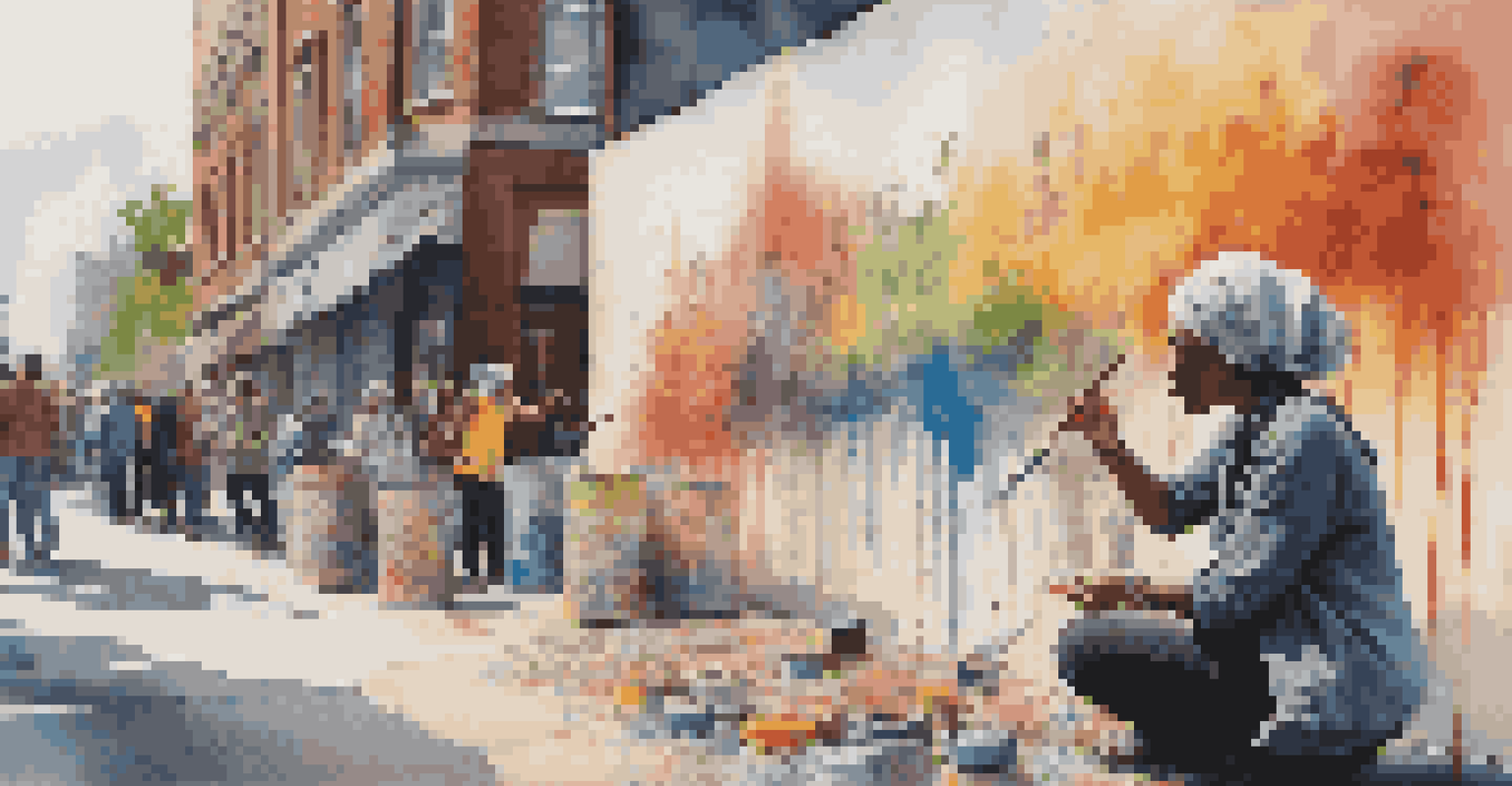A female street artist painting a mural on a city wall with onlookers in the background.