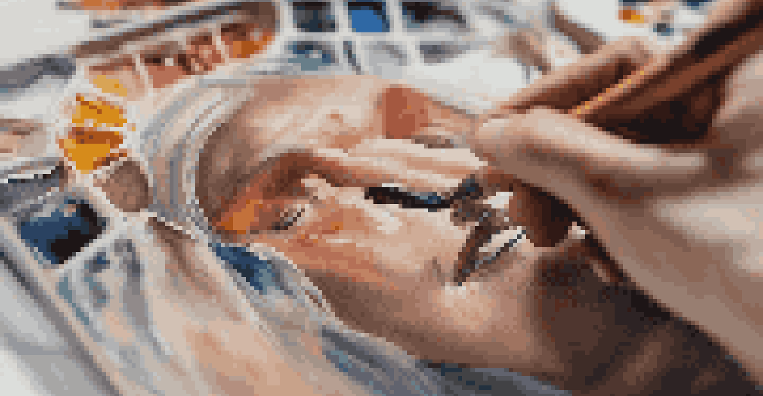 Close-up of an artist's hands painting a canvas with vibrant traditional motifs, showcasing their cultural identity.