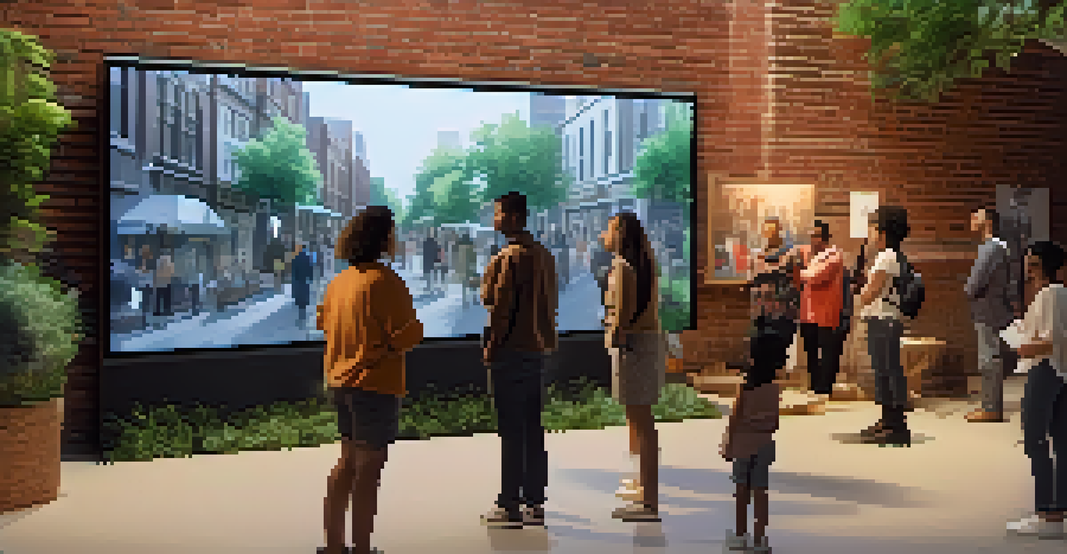A digital art installation in a public space featuring interactive screens with community stories, surrounded by engaged viewers.