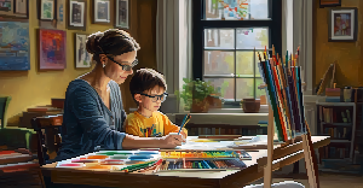 An art therapist assisting a young boy with his drawing in a welcoming, colorful environment filled with art supplies.