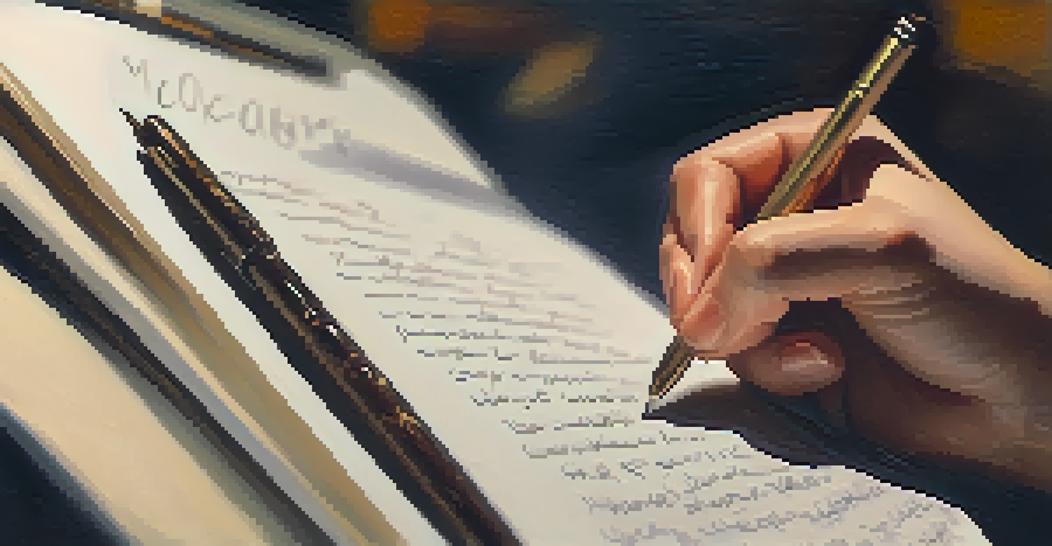 A close-up of an art critic's hand writing notes with artworks blurred in the background.