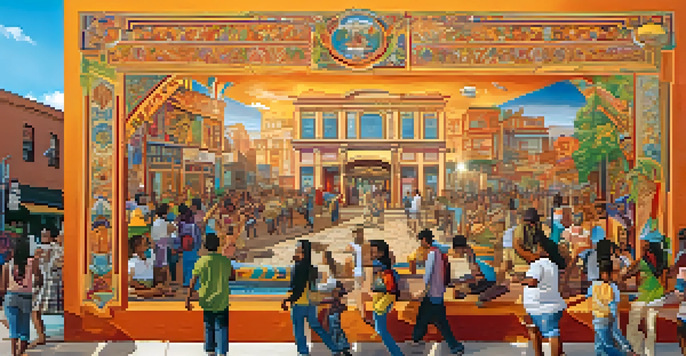 A colorful mural showing a diverse group of people interacting in a community setting with cultural symbols and bright colors.