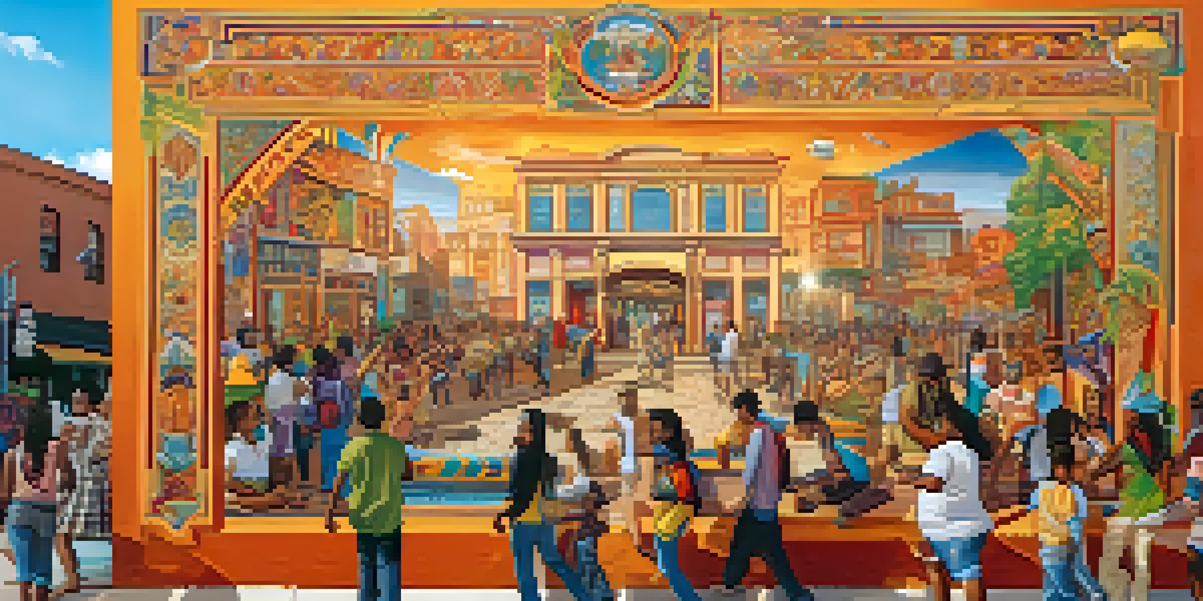 A colorful mural showing a diverse group of people interacting in a community setting with cultural symbols and bright colors.
