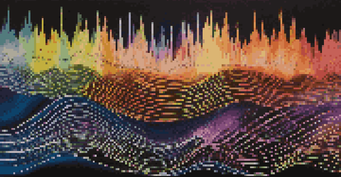 A colorful depiction of sound waves on a dark background, with rising sine waves of varying heights and glowing light effects.