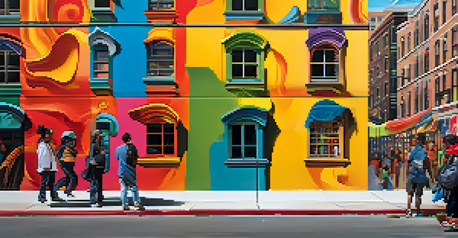 An artist creating a colorful mural that reflects their cultural heritage, with an urban environment and onlookers appreciating the work.