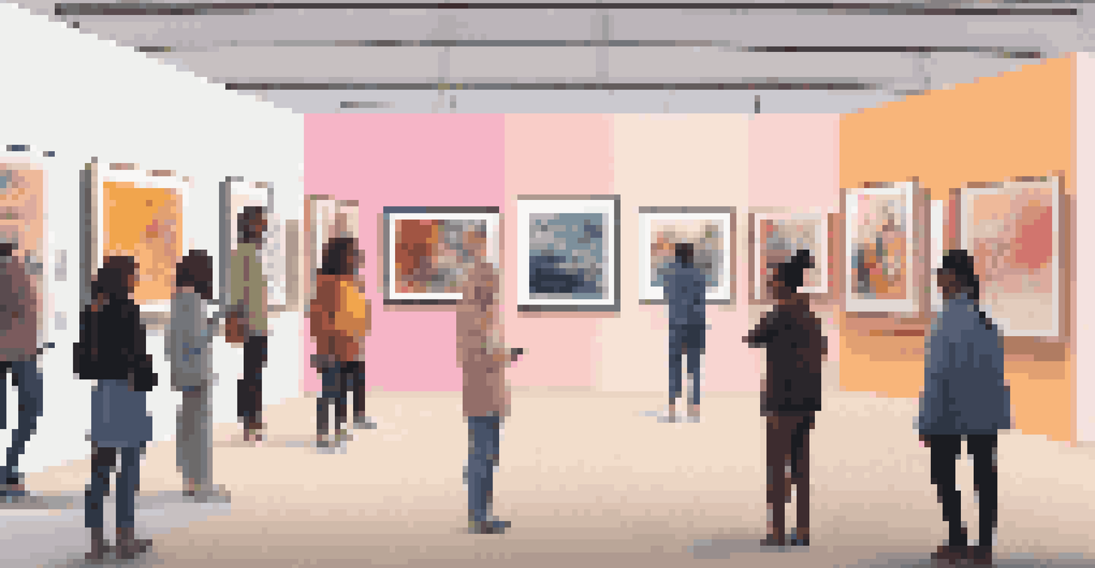 A virtual art gallery displaying diverse digital artworks, with people engaging through their devices, fostering global cultural exchange.