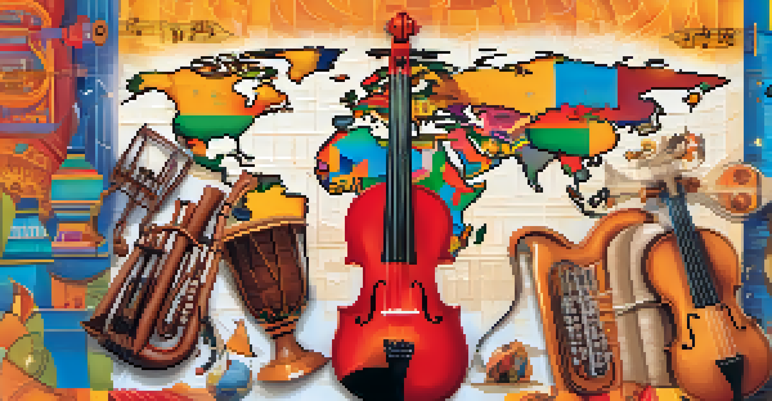 A collage of musical instruments from different cultures against a world map background with musical notes.