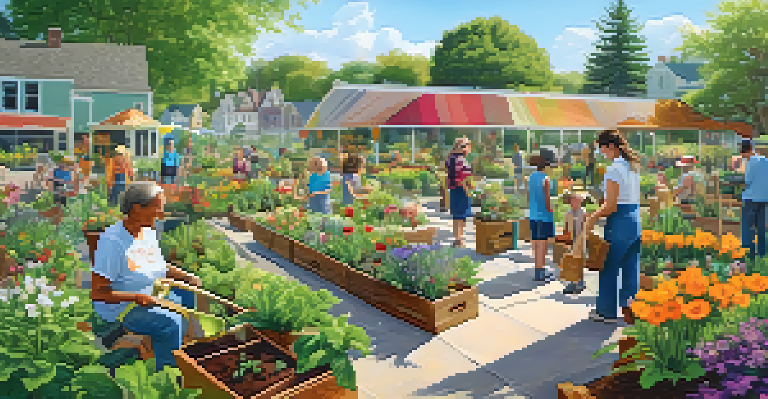 Residents of different ages working together in a community garden, planting flowers and creating art pieces in a sunny environment.