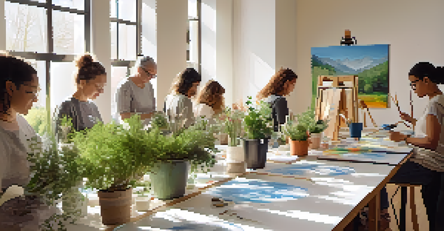 Participants in an art therapy session are painting in a bright, peaceful room filled with greenery.