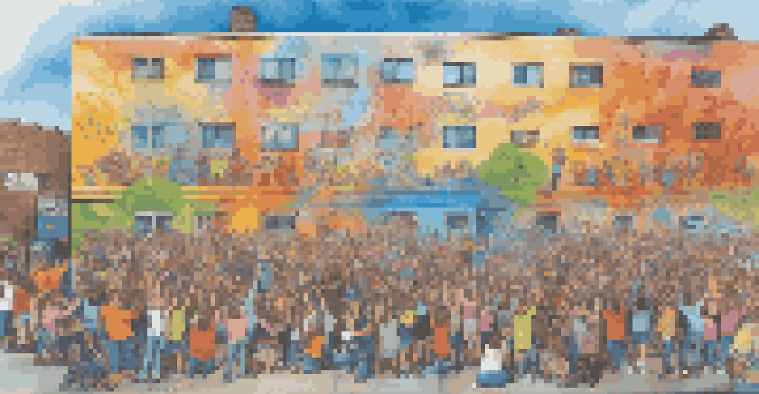 A diverse group of artists working together on a large community mural promoting mental health awareness, with colorful designs and messages.
