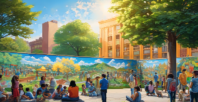 A colorful mural in a park showing community members painting tiles and engaging with art, surrounded by trees and sunlight.