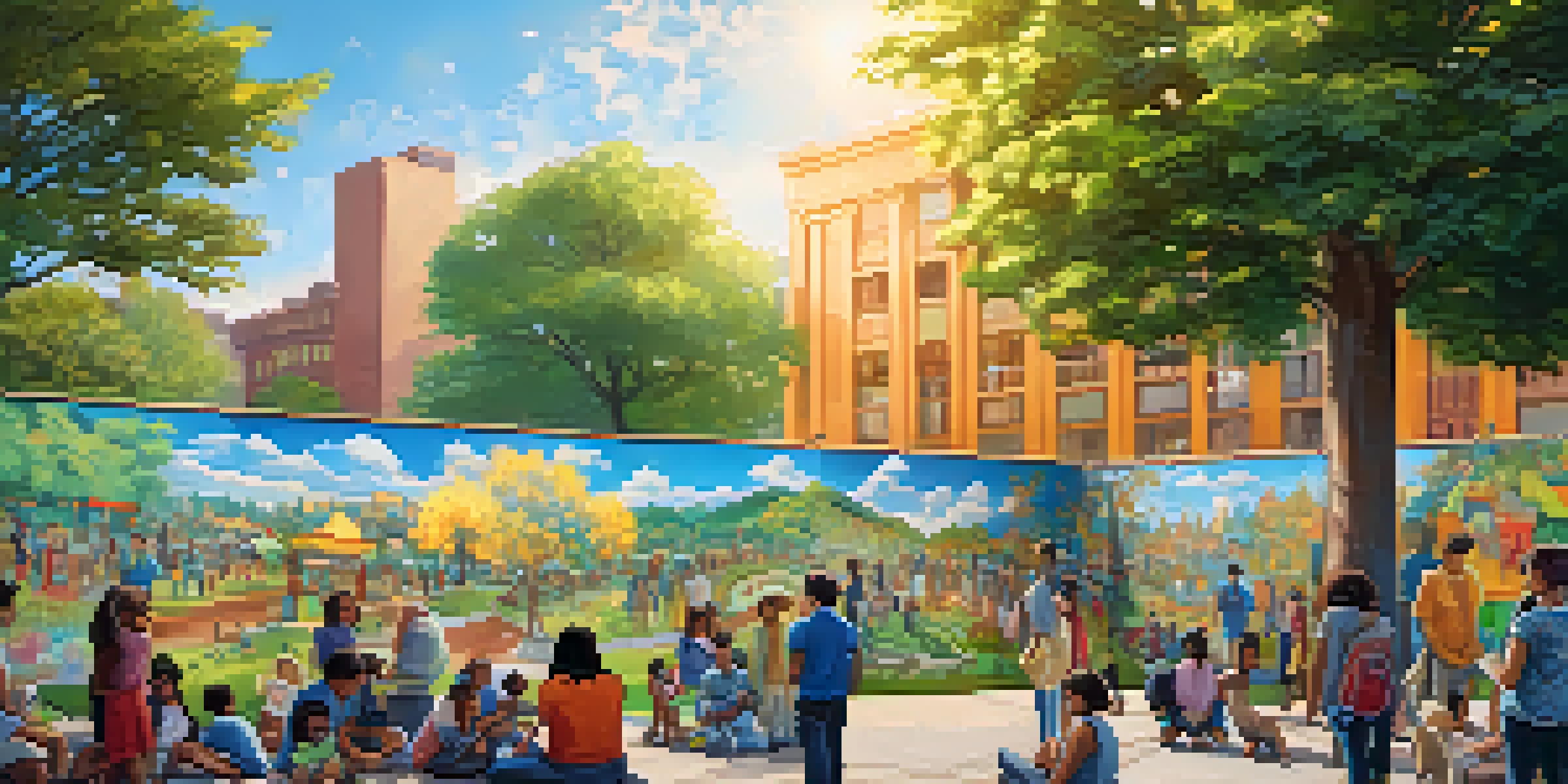 A colorful mural in a park showing community members painting tiles and engaging with art, surrounded by trees and sunlight.