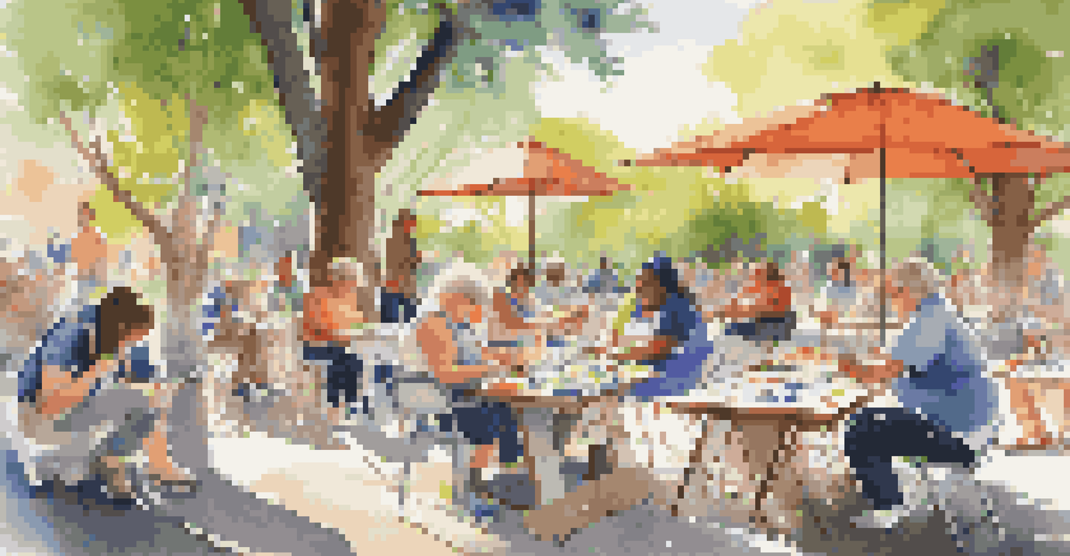 A lively outdoor community art workshop with participants of all ages creating art.