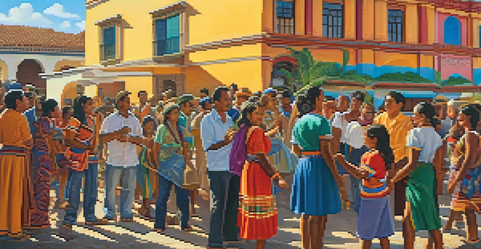 A colorful mural in a town square showing a diverse community gathering with people engaged in artistic activities.