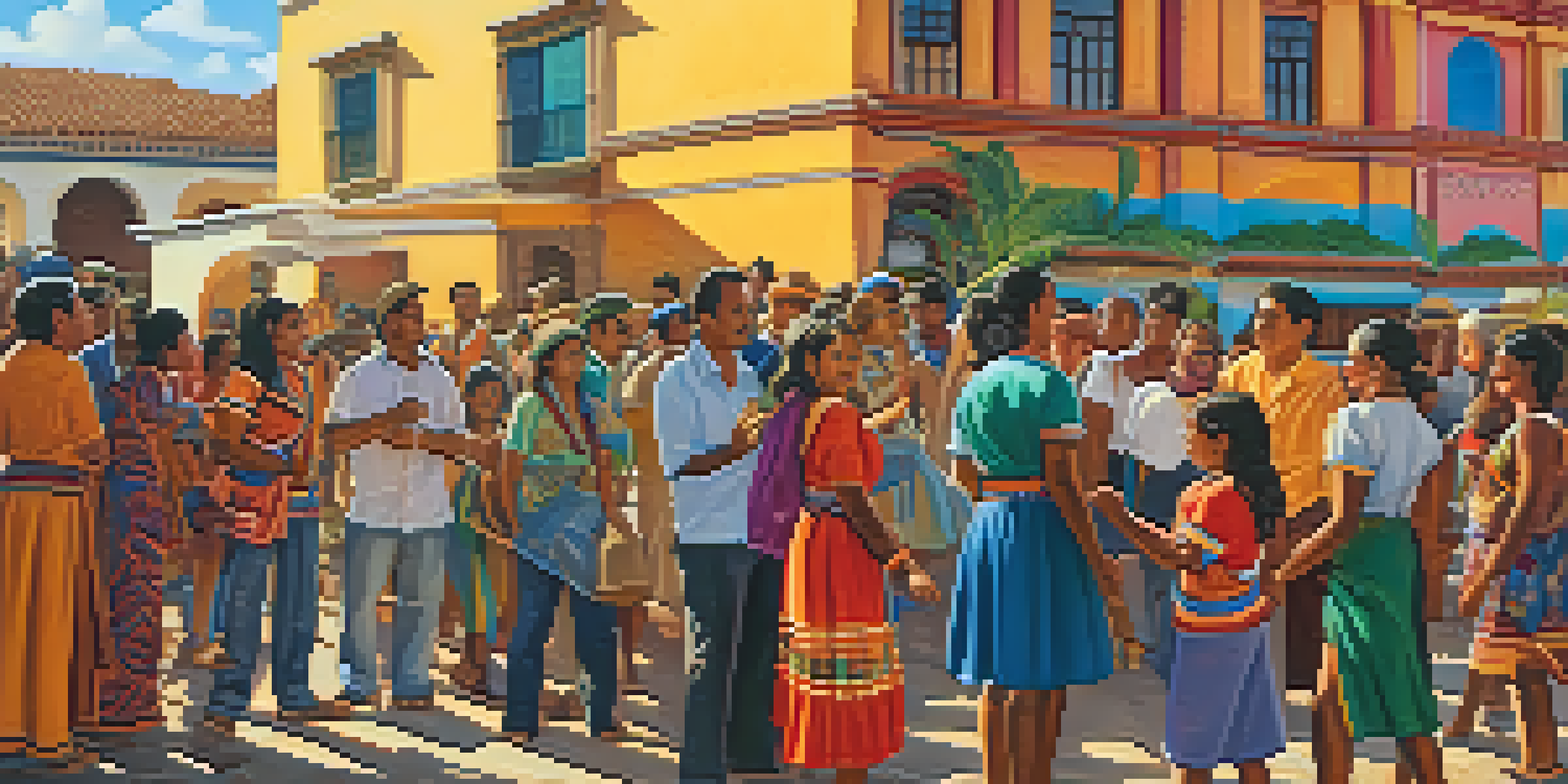 A colorful mural in a town square showing a diverse community gathering with people engaged in artistic activities.