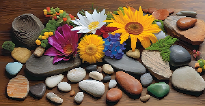 A colorful collage of flowers, tree bark, and stones on a wooden table.