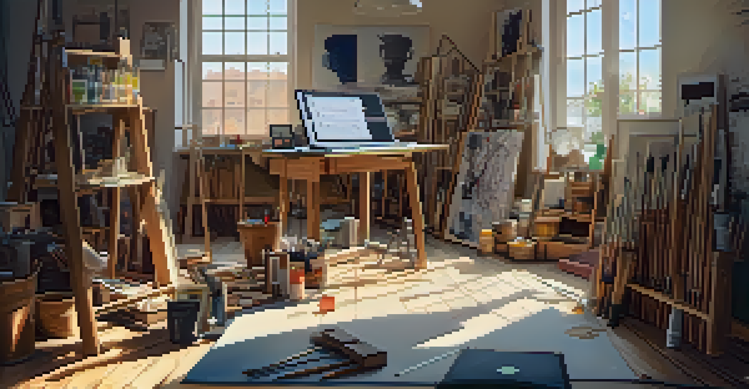 An artist's studio with tools, materials, and an artist working on a digital tablet in warm sunlight.