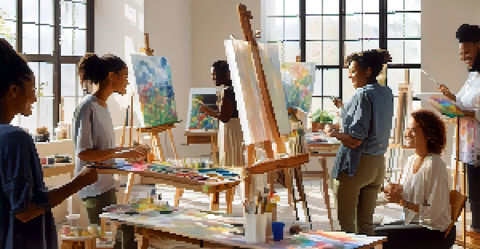 A group of people in a bright room, painting on canvases with smiles, surrounded by art supplies.