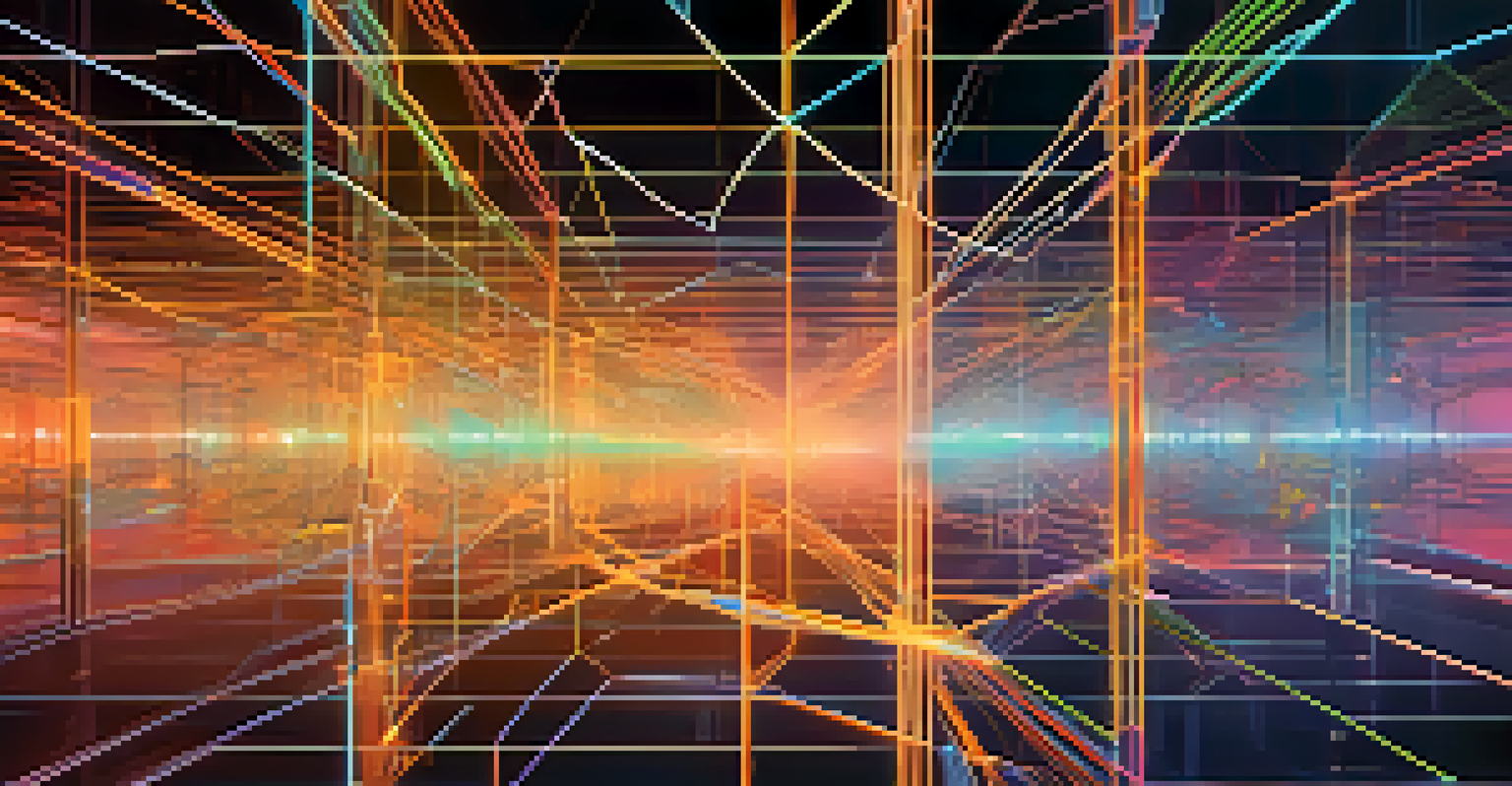 A digital illustration showing a blockchain network connecting famous artworks, representing technology for art authentication in vibrant colors.